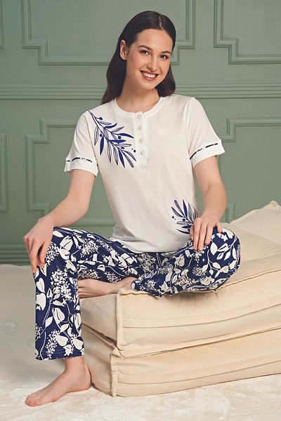 BSM Set pijamale pentru femei cu model de înaltă calitate - 100% bumbac pieptănat, mânecă scurtă