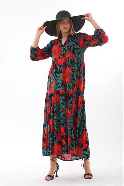 AYASOFYA OTANTIK Rochie de damă, neagră, roșie, cu guler cu mâneci, cu capăt elastic, lungă și lejeră