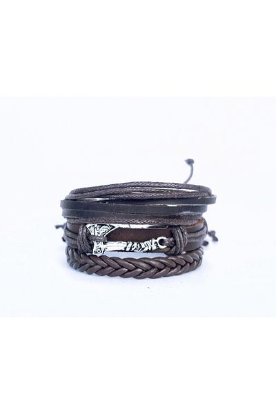BSN Store Viking Thor Axe Figured 3-Piece Handmade Leather Bracelet