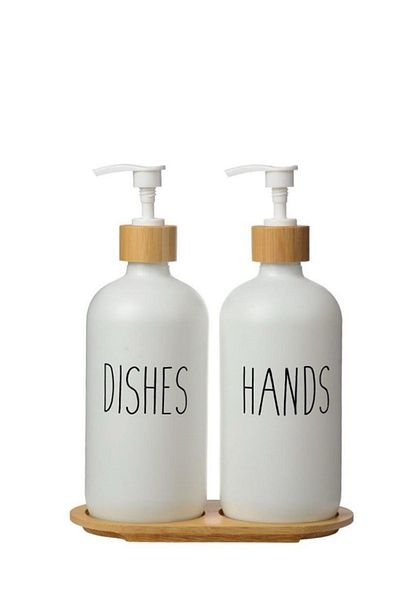 Digithome 2-Piece Glass Liquid Soap and Dish Soap Bottle with Wooden Stand White 500 Ml - G/13