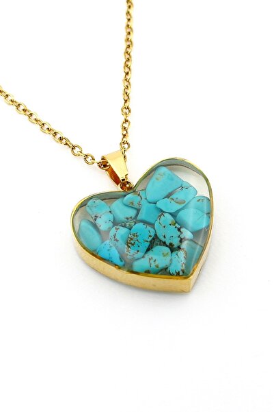 Solfera Blue Turquoise Natural Stoned Heart Yellow Steel Chain Women's Necklace Q0800