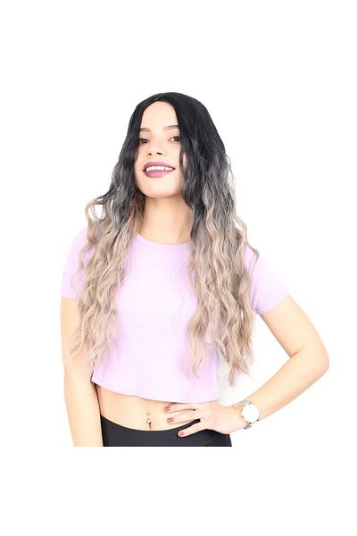KONAK PERUK Long Fiber Synthetic Wig - Water Wave, No Rivet - Black/Ash/Yellow Ombreli Baby