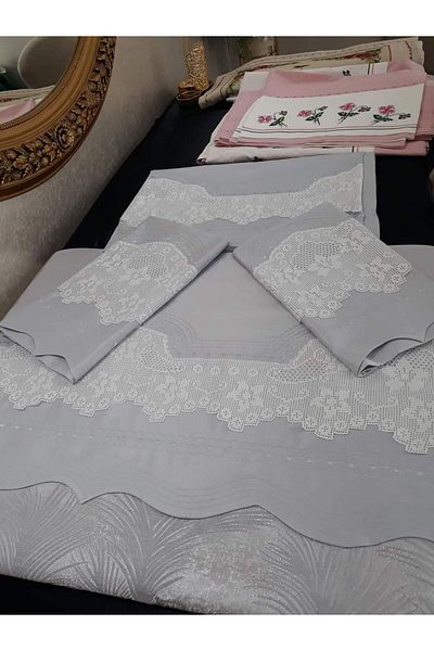 bursa çeyiz مجموعة بيكيه من الدانتيل المصنوعة يدويًا، تصميم مخصص من بيكو ثقيل 1جودة رمادية