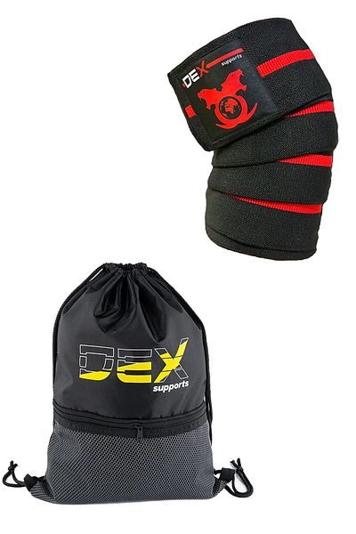Dex Supports Lasting Energy Fitness Knee Bandage Knee Pad Pro Knee Wraps+Sackpack Drawstring Sports Bag 2 Pack