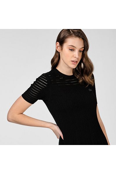 Lacoste Women's Short Sleeve Crew Neck Patterned Black Dress