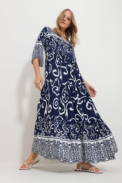 Trend Alaçatı Stili Women's Navy Blue Front Laced Patterned Woven Viscose Dress Alc-X11595