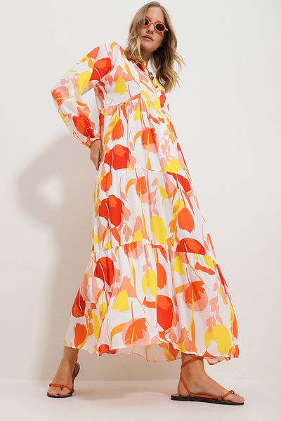 Trend Alaçatı Stili Women's Orange Judge Collar Shawl Patterned Maxi Length Dress Alc-X11593