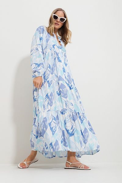 Trend Alaçatı Stili Indigoblaues Maxikleid mit Schalkragen und Muster für Damen Alc-X11593