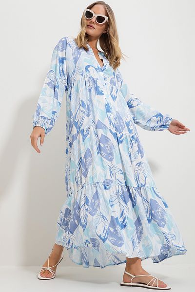 Trend Alaçatı Stili Indigoblaues Maxikleid mit Schalkragen und Muster für Damen Alc-X11593