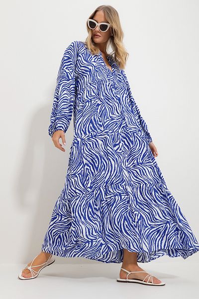 Trend Alaçatı Stili Women's Saks Chief Collar Shawl Patterned Maxi Length Dress Alc-X11593