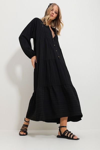 Trend Alaçatı Stili Schwarzes Maxikleid mit selbststrukturiertem Judge-Kragen für Damen Alc-X11754