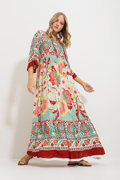 Trend Alaçatı Stili Γυναικείο φόρεμα από μέντα μπροστά με κορδόνια με υφή βισκόζης Alc-X11595