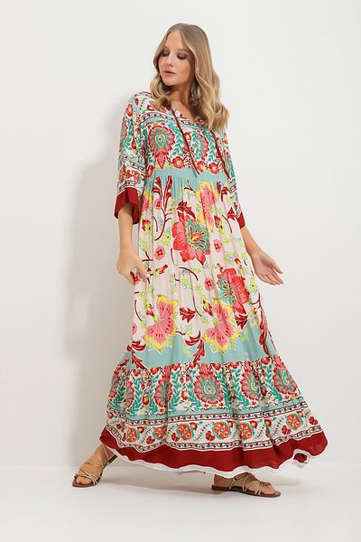 Trend Alaçatı Stili Women's Mint Front Laced Patterned Woven Viscose Dress Alc-X11595