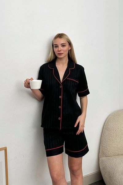 Trend Alaçatı Stili Set de pijamale premium pentru femei, negru, cu un singur buzunar, din satin de bumbac, Alc-X11664