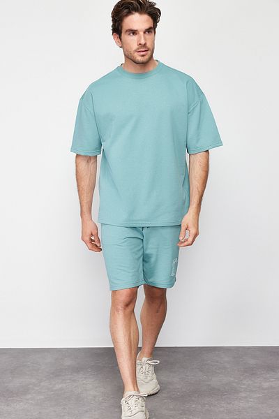 Trendyol Collection Mint Oversize nyomott kötött pizsama szett rövidnadrággal TMNSS24PT00010