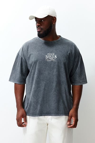 Trendyol Collection Anthracite Oversize Large Size Cotton T-Shirt - Antique/Washing Effect TMNSS24BF00029