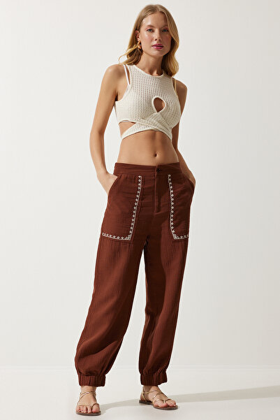 Happiness İstanbul Women's Brown Embroidery Detailed Muslin Trousers SF00019