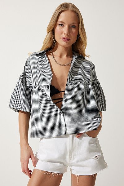 Happiness İstanbul Schwarzes Gingham-Gewebte Hemd mit Ballonärmeln für Damen RG00013