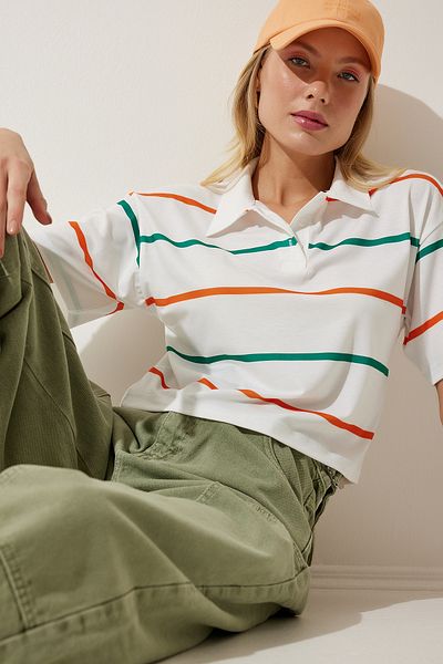 Happiness İstanbul Dámské krátké pletené tričko Ecru Orange Polo s límcem HF00454