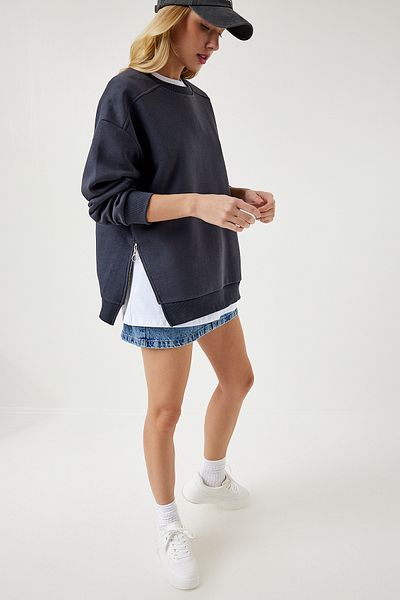 Happiness İstanbul Anthrazitfarbenes Damen-Sweatshirt aus Strick mit Reißverschluss und Reliefmuster UB00148