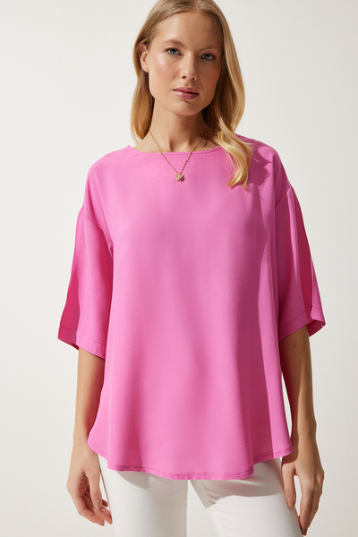 Happiness İstanbul Women's Pink Crew Neck Flowing Viscose Blouse RC00152
