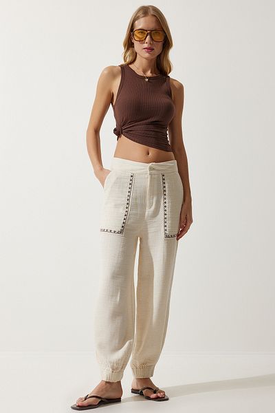 Happiness İstanbul Cremefarbene Musselinhose mit Stickereidetail für Damen SF00019