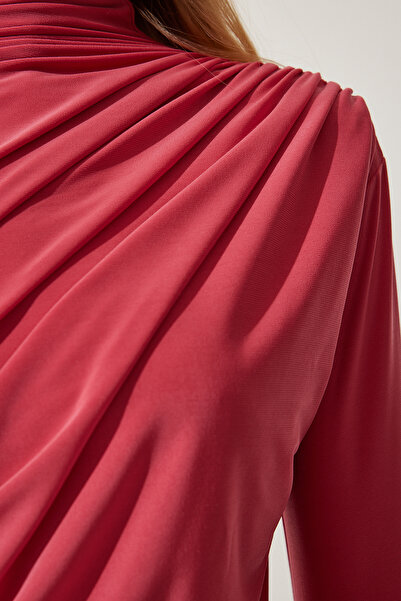 Happiness İstanbul Női Candy Pink Gather részletes állógallér Sandy blúz FF00135