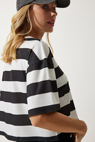 Happiness İstanbul Tricou tricotat crop cu dungi, alb, negru, pentru femei HF00452