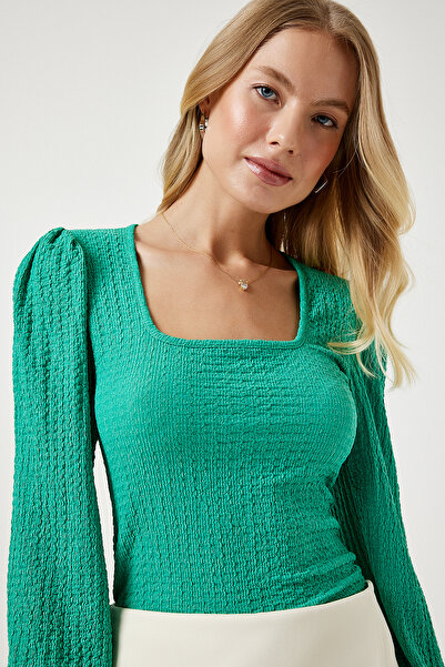 Happiness İstanbul Dámská pletená halenka se zeleným čtvercovým límcem s texturou DD01111