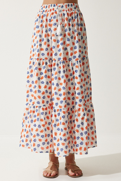 Happiness İstanbul Dámska ecru oranžová letná ľanová sukňa s kvetinovým vzorom RG00016