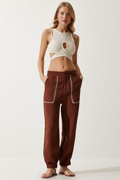 Happiness İstanbul Damen-Hose aus Musselin mit Stickerei und Details in Braun SF00019