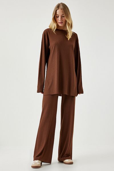 Happiness İstanbul Braunes Cord-Strickblusen-Hosen-Set für Damen KH00088