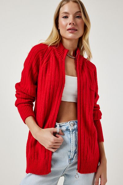 Happiness İstanbul Cardigan roșu din tricot cu fermoar pentru femei DD01301