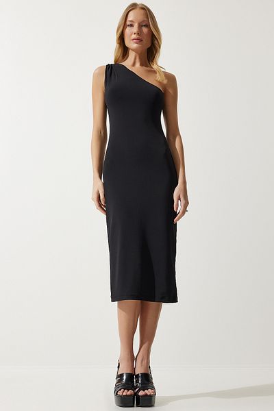 Happiness İstanbul Women's Black One Shoulder Sandy Knitted Dress BF00096