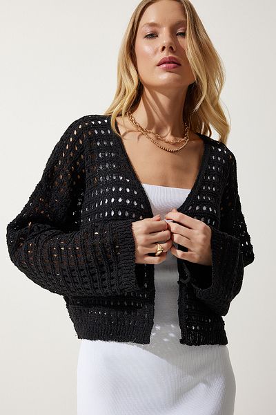Happiness İstanbul Women's Black Perforated Laced Seasonal Knitwear Cardigan CI00105