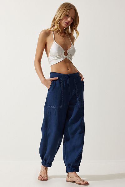 Happiness İstanbul Damen-Hose aus Musselin in Marineblau mit Stickerei und detaillierter Stickerei SF00019