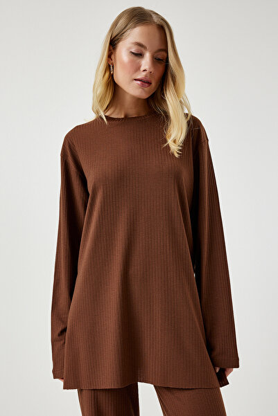 Happiness İstanbul Braunes Cord-Strickblusen-Hosen-Set für Damen KH00088