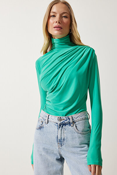 Happiness İstanbul Női világoszöld összegyűjtött részletes állógallér Sandy blúz FF00135