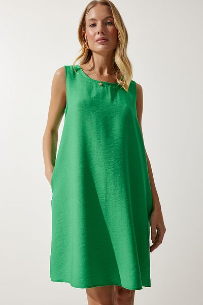Happiness İstanbul Γυναικείο αμάνικο λινό Viscose Bell φόρεμα σκούρο πράσινο JH00005
