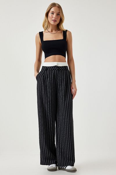 Happiness İstanbul Schwarze Webhose mit Streifenmuster und Kontrastbund für Damen CI00104