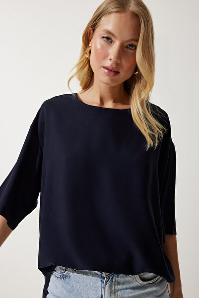 Happiness İstanbul Női sötétkék nyakú, folyós viszkóz blúz RC00152