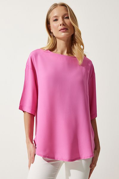 Happiness İstanbul Damenbluse aus fließender Viskose in Rosa mit Rundhalsausschnitt RC00152