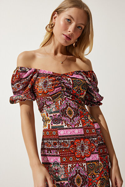 Happiness İstanbul Carmen galléros tégla színű rugalmas nyári ruha - MC00172