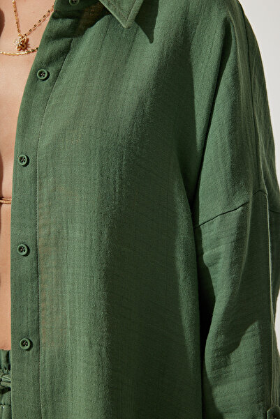 Happiness İstanbul Women's Khaki Oversize Muslin Shirt Trousers Set TO00128