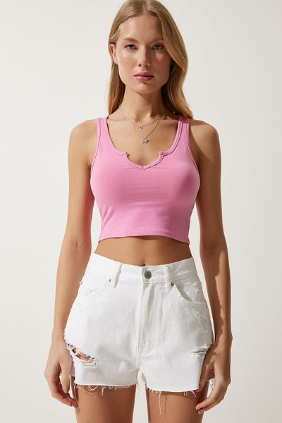 Happiness İstanbul Γυναικεία πλεκτή μπλούζα Pink Strappy Crop OW00030