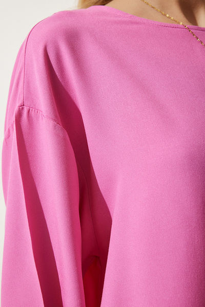 Happiness İstanbul Women's Pink Crew Neck Flowing Viscose Blouse RC00152