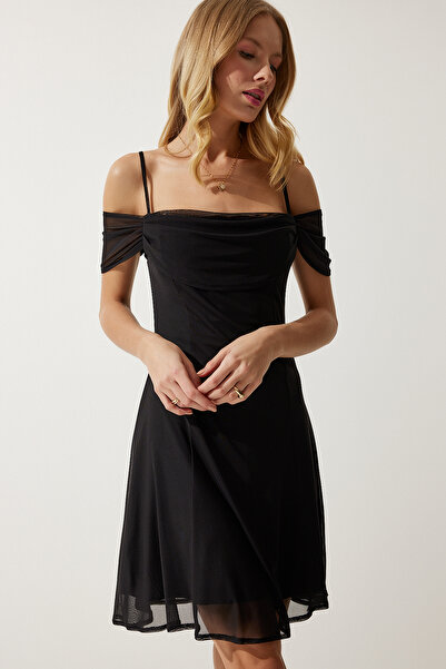Happiness İstanbul Γυναικείο μαύρο φόρεμα σιφόν με γιακά Degaje UB00265
