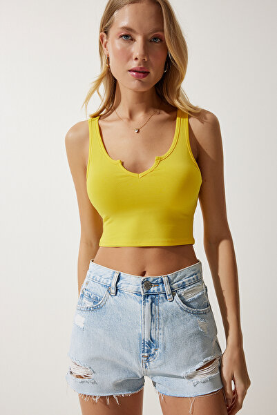 Happiness İstanbul Damska żółta bluzka z dzianiny w paski OW00030