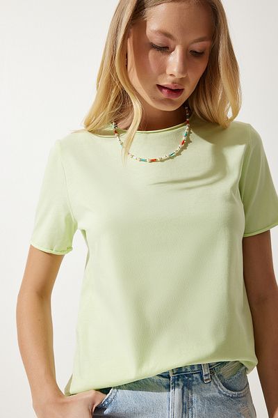 Happiness İstanbul Dámské světle zelené pletené tričko s Crew Neck Basic UB00229