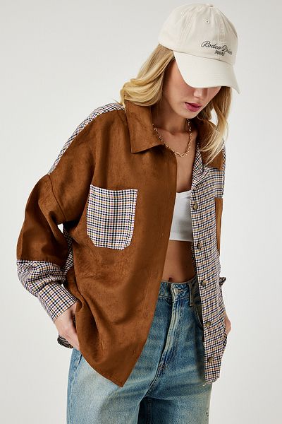 Happiness İstanbul Gewebtes Wildlederhemd in Blockfarben in Hellbraun und Creme für Damen WF00064